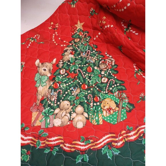 Christmas Tree Skirt Red Green Bambi Rabbit Cats Dogs Quilted Candy Cane 57" - Picture 5 of 12